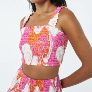 Rhode Tanya Smocked Cotton Crop Top Surf Print Tropical Pink Orange Medium NWT